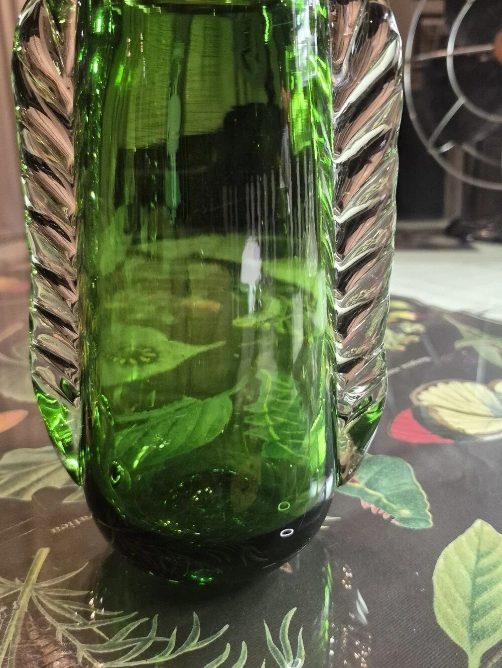 Green Glass Decorative Vase with Twisted Clear Handles